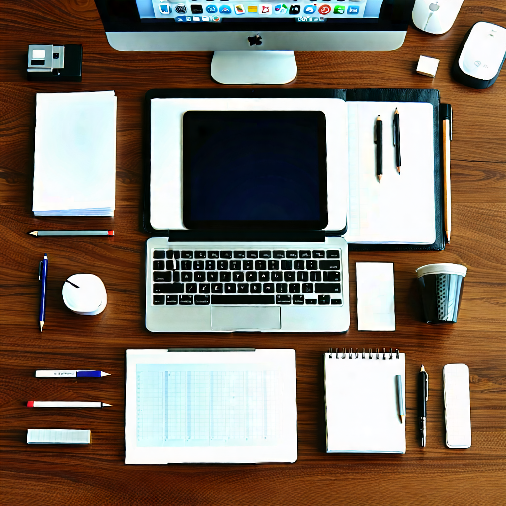 Business Abstract Design: Workplace with productivity tools on desk