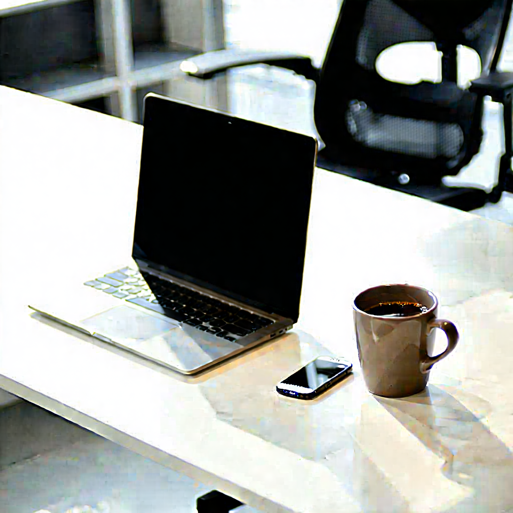 Business Lithograph: Workplace with laptop and coffee on desk