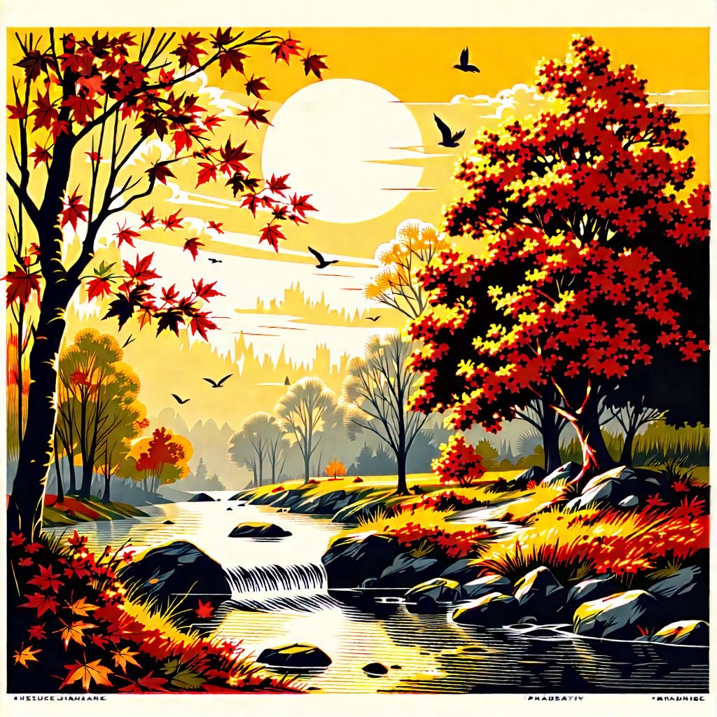 Lifestyle Linocut Print: Holiday Celebration During Autumn With Painting Forest