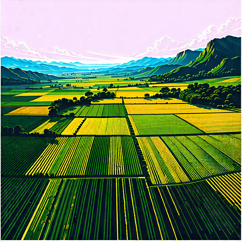 Nature Linocut Print: Aerial View Of Agricultural Fields With Painting Large,