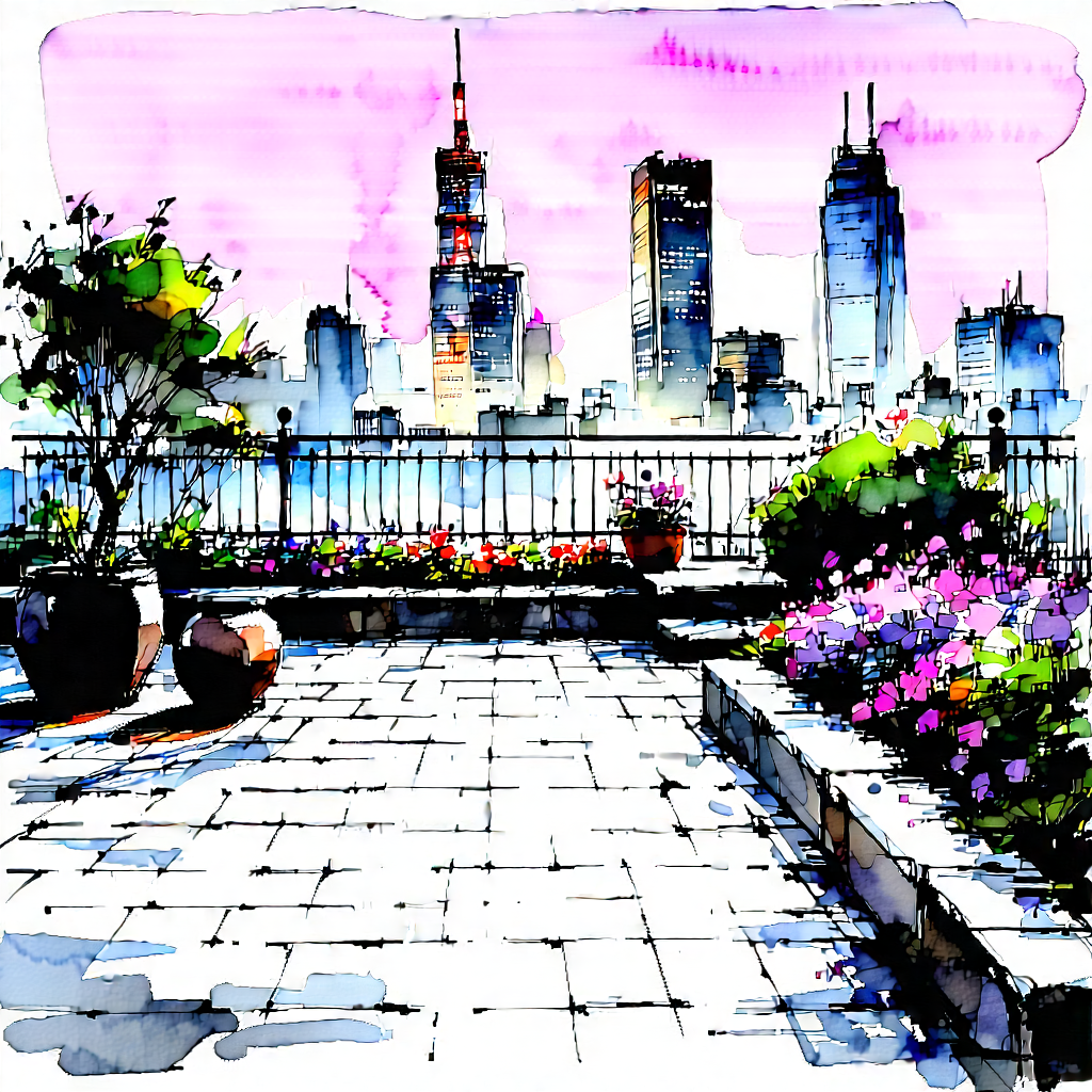 Urban Ink Drawing: Rooftop garden with sightseeing