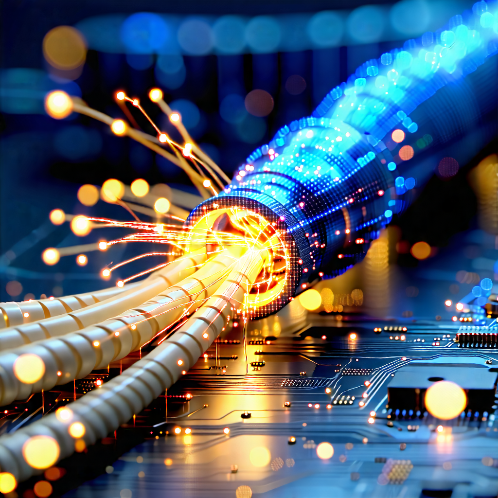 Tech Concept Art: Close-up Of Fiber Optic Cables With Close-up Computer