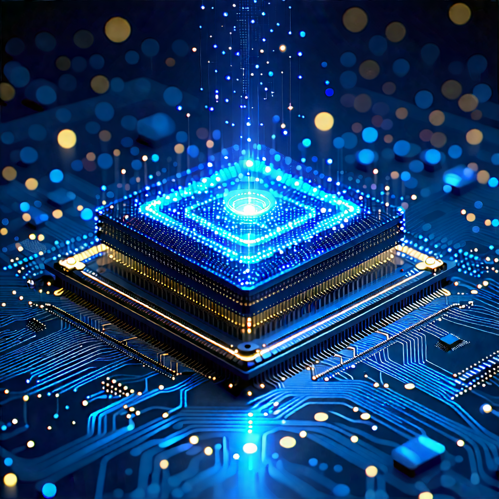 Tech Blueprint Style: Quantum computer with digital particles