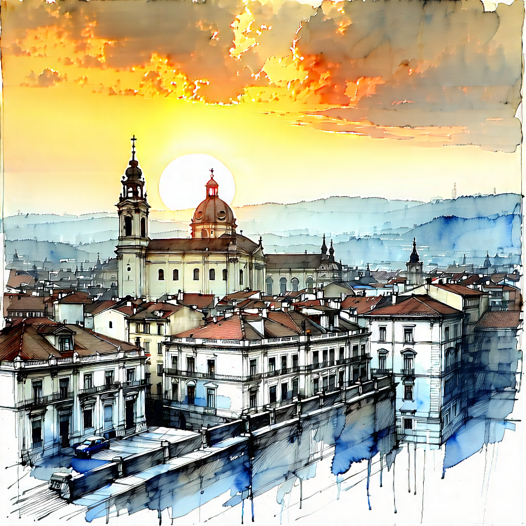 Urban Ink Drawing: Cityscape of historic city center during sunrise