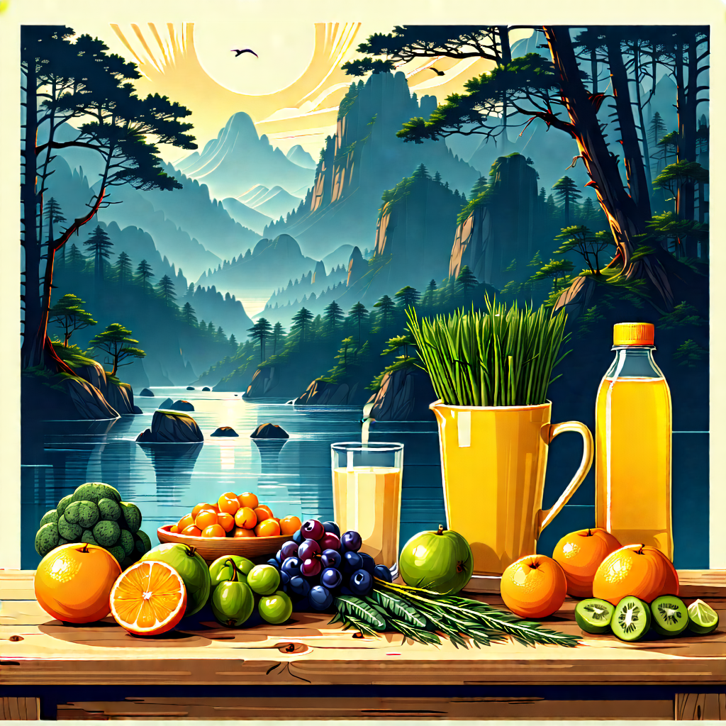 Lifestyle Linocut Print: Wellness Scene With Healthy Food With Wooden Table