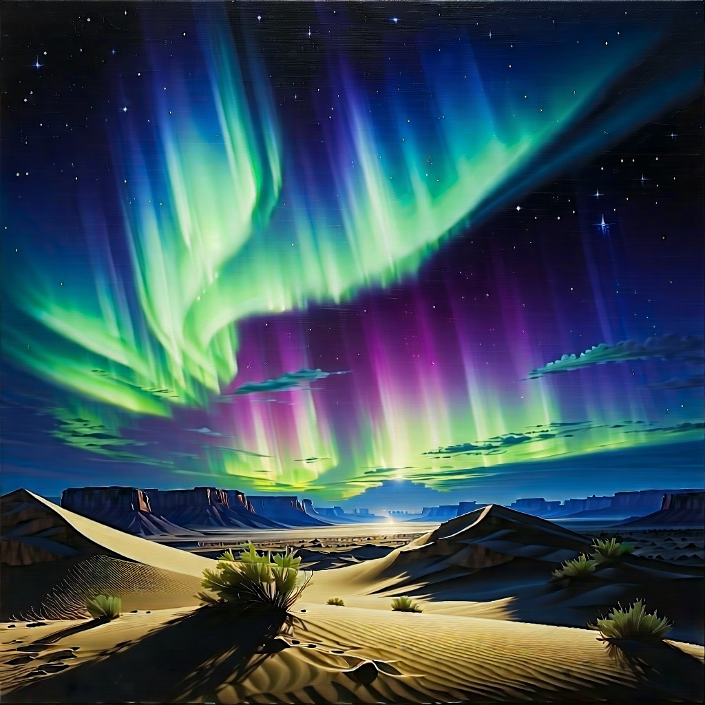 Nature Gouache Painting: Northern Lights Over Desert With Captures Beautiful