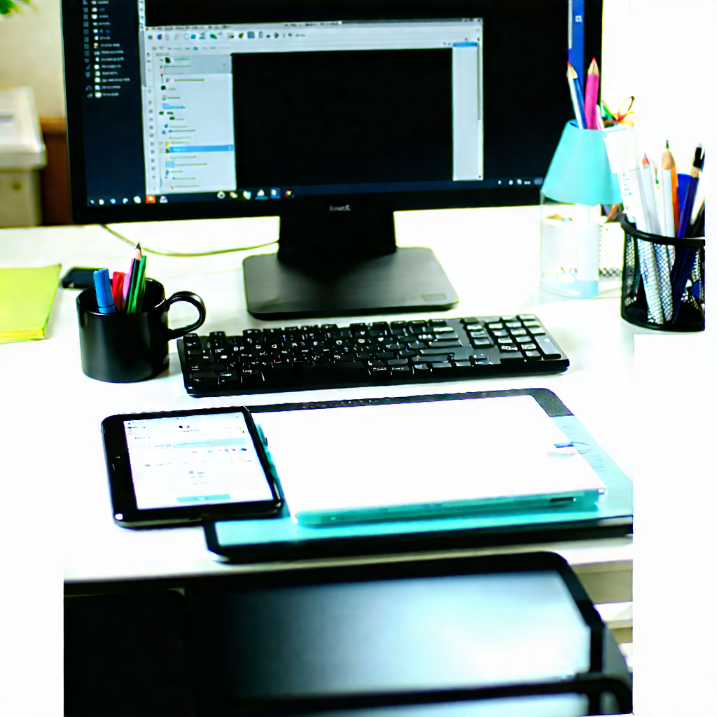 Business Tilt-Shift Photography: Workplace with (digital:1.36) (devices:1.34) on desk