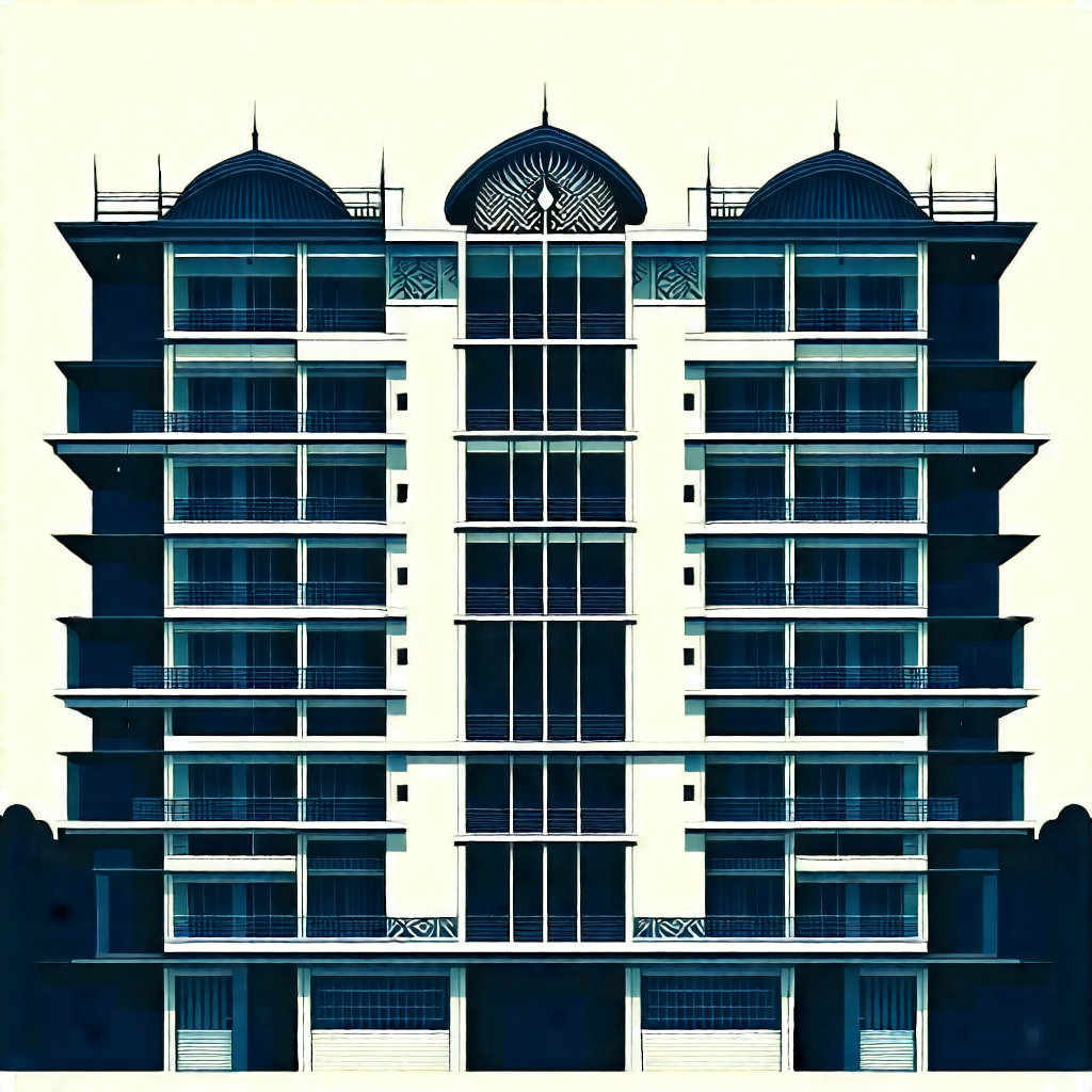 Urban Linocut Print: (modern:1.14) Apartment Complex With Ornate Details With Black White