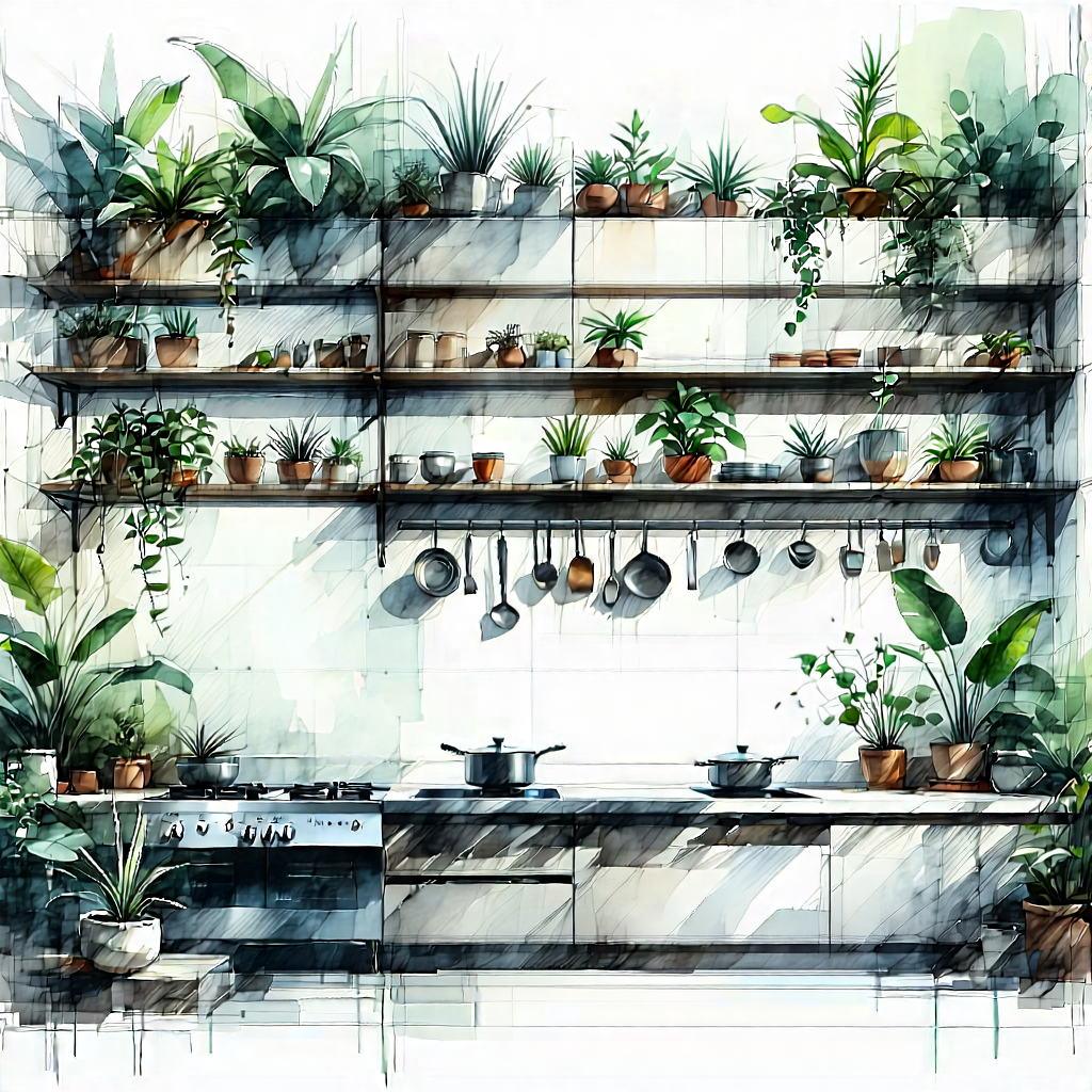 Lifestyle Charcoal Drawing: Modern Kitchen With Plants And Natural Elements With Painting Kitchen