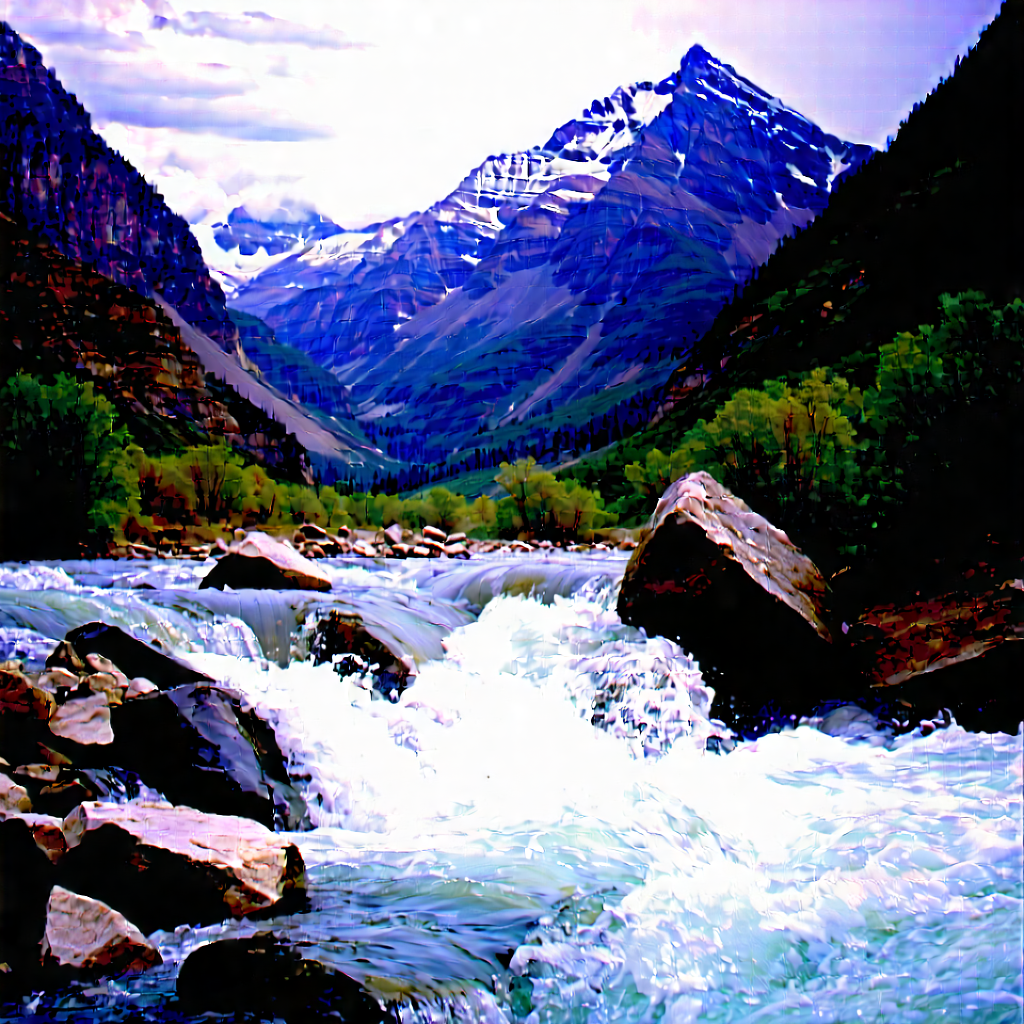 Nature Product Photography: Rushing River Surrounded By Mountain Peaks With Beautiful Mountain