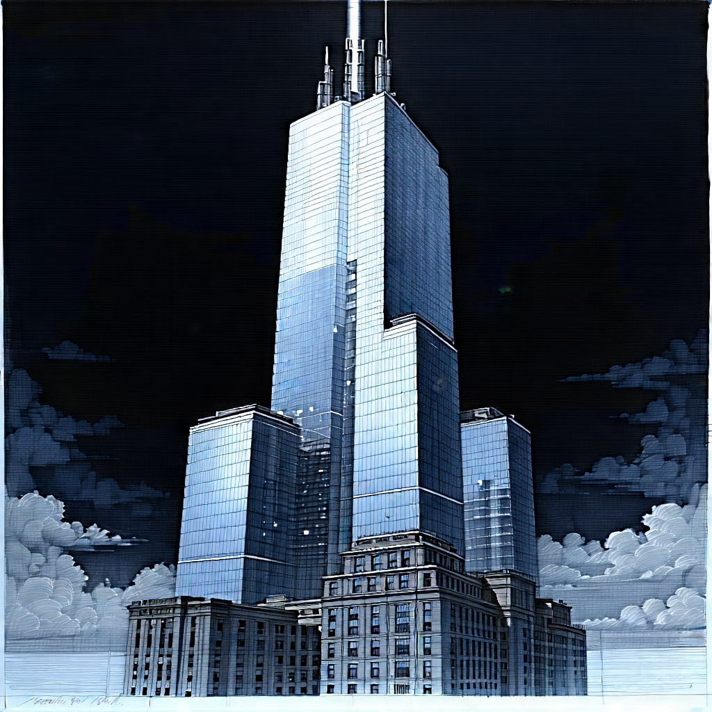 Urban Ink Drawing: Skyscraper With Dramatic Lighting With Black White