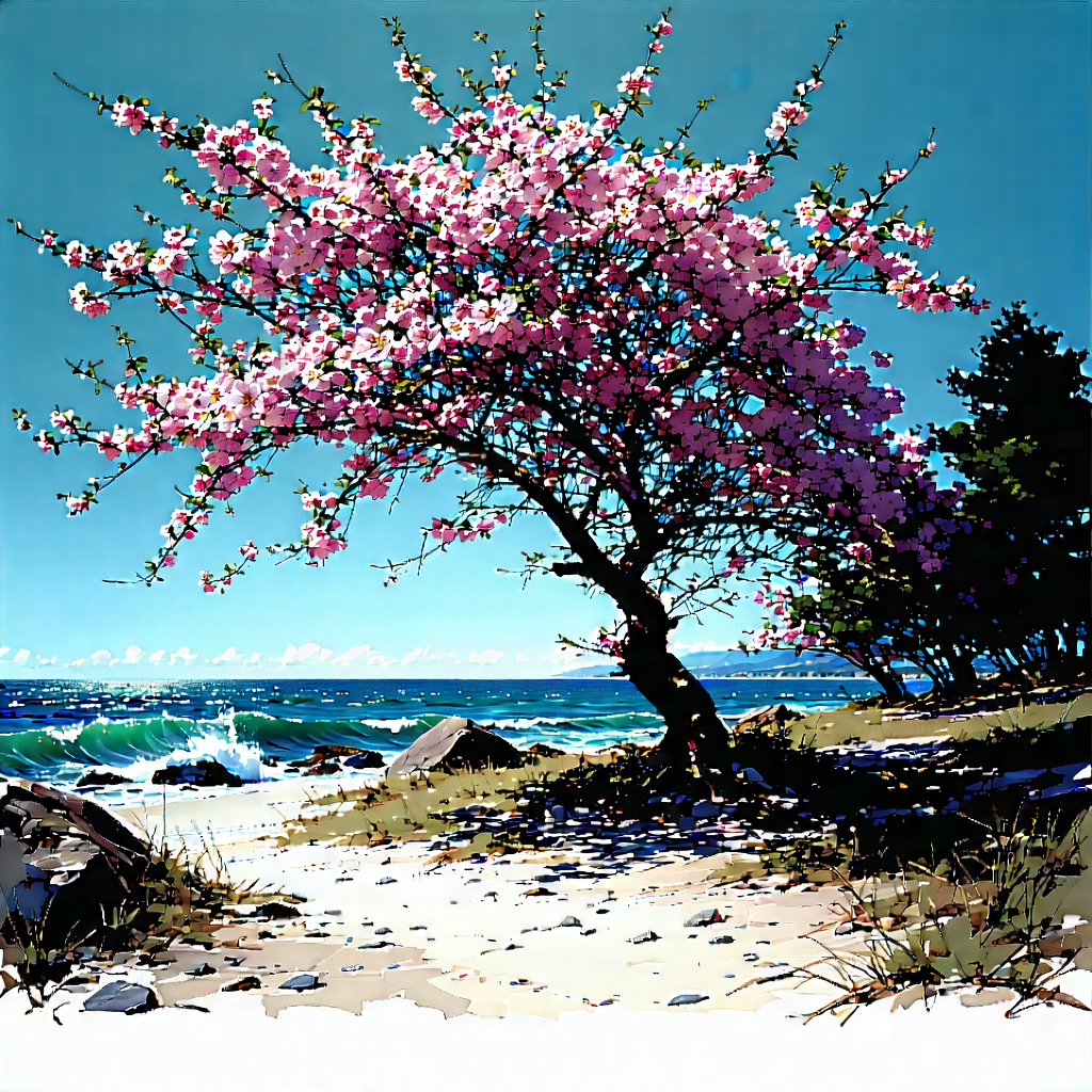 Nature Lithograph: Cherry Blossoms In Coastal Environment With Beautiful Tree