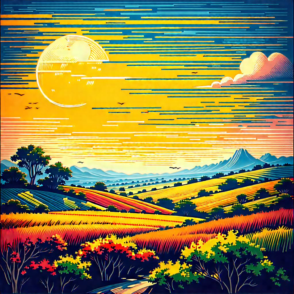 Abstract Linocut Print: Color Field With High-contrast Color Palette With Image, There