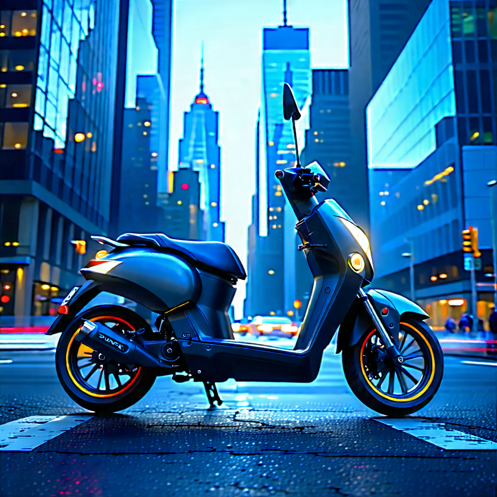 Urban Digital Illustration: (city:1.21) Electric Scooter In Financial District With Blue Motorcycle