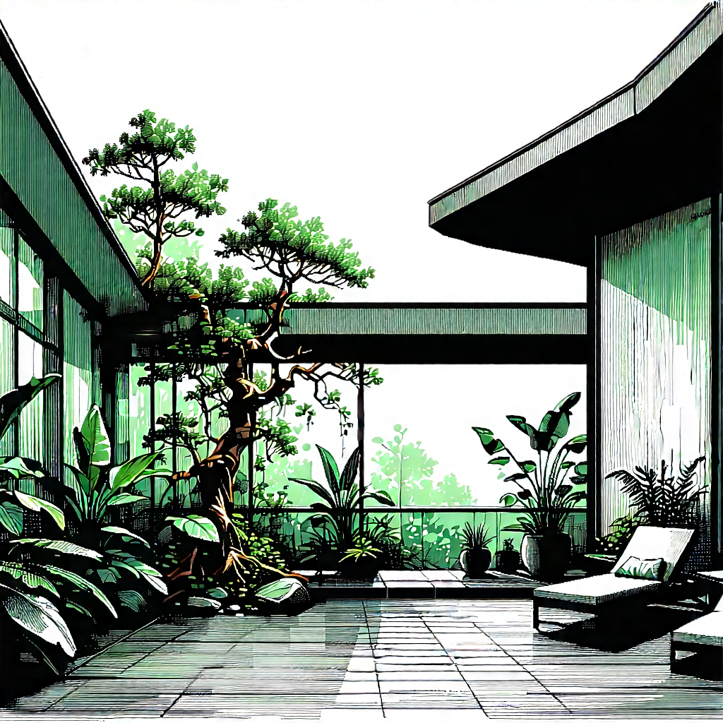Lifestyle Etching: Balcony Garden With Plants And Natural Elements With Black White