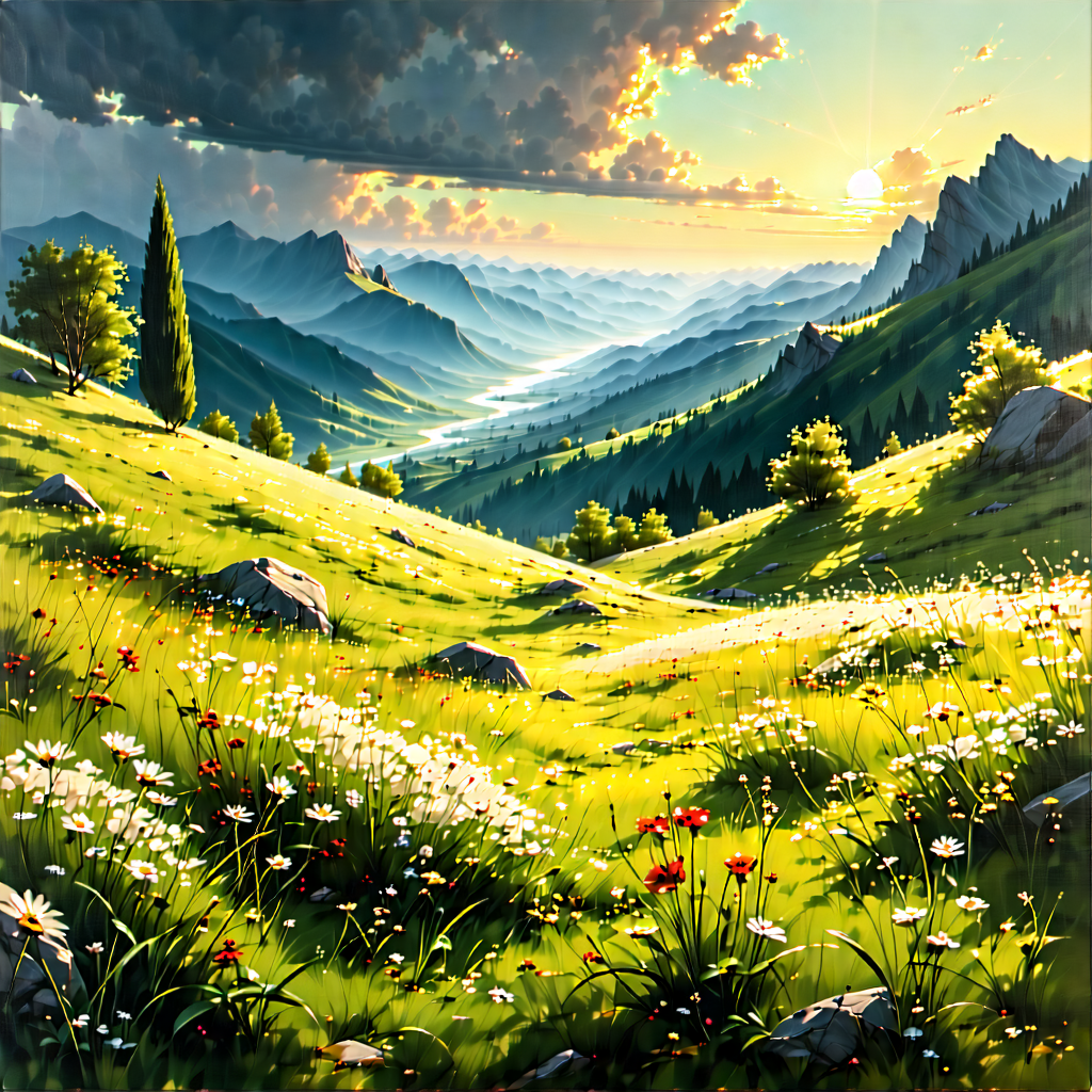 Nature Gouache Painting: Meadow During Golden Hour With Painting Beautiful