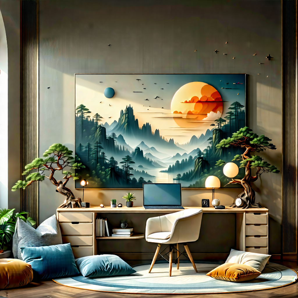 Lifestyle Landscape Photography: Home Office With Comfortable Textiles With Image, There