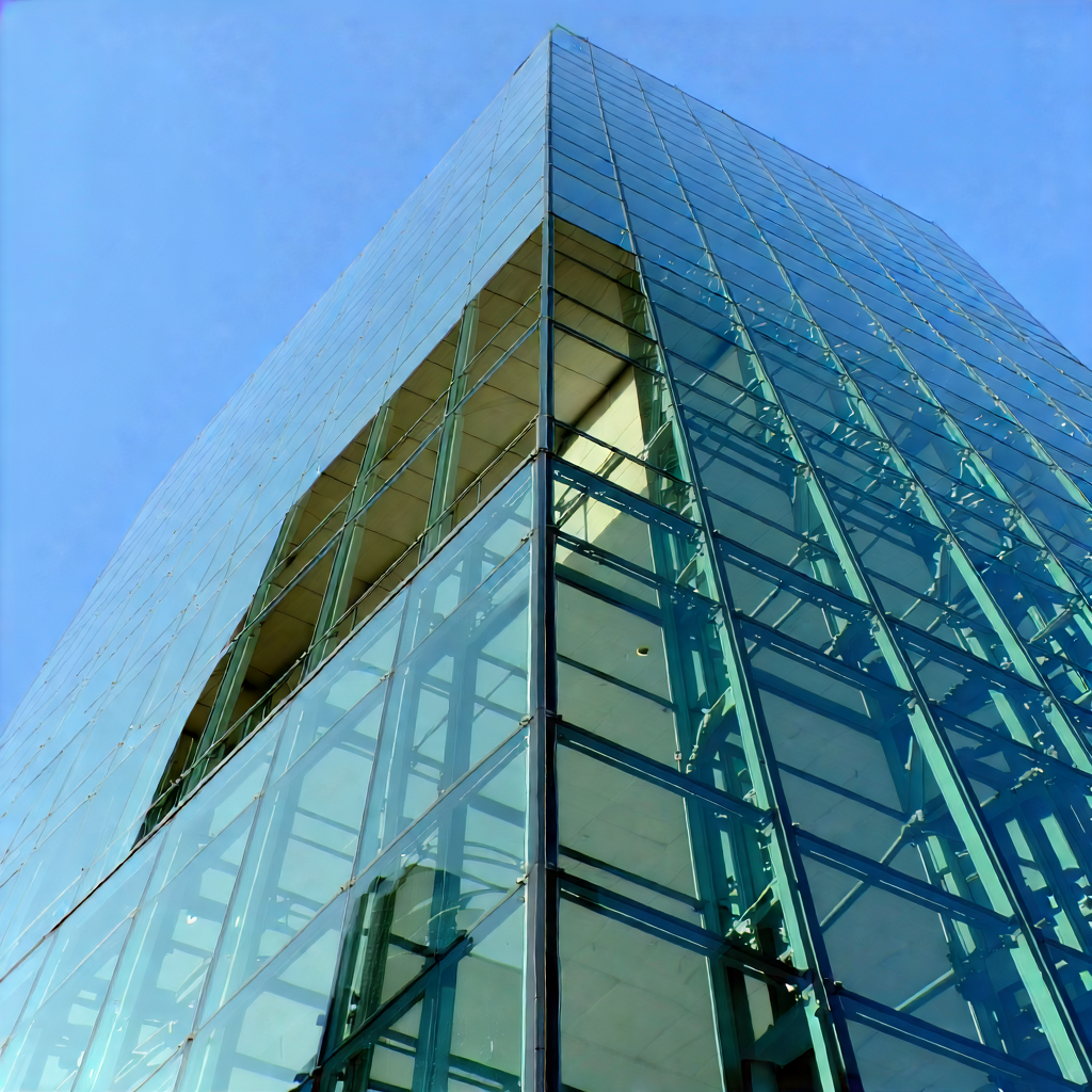 Urban Commercial Photography: Glass Office Tower With (minimalist:1.14) Design With Large Glass