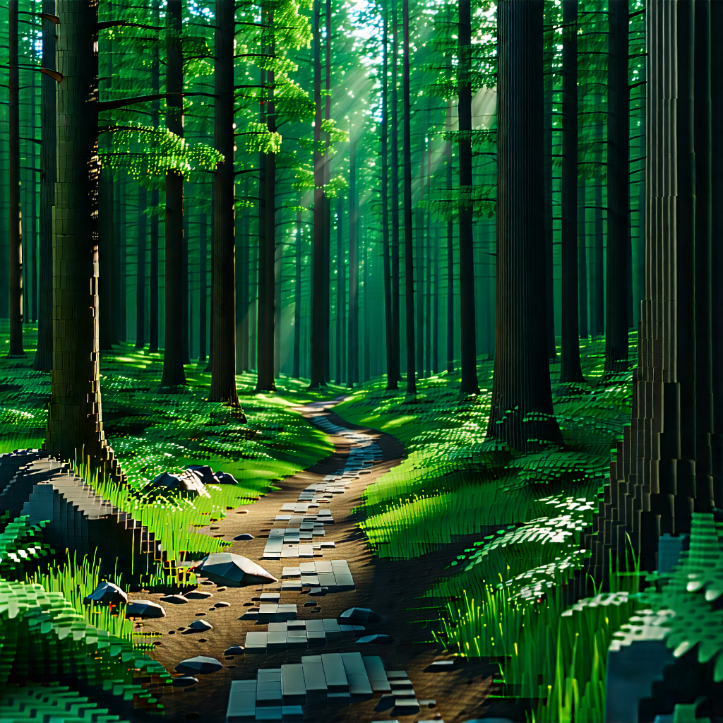 Nature Voxel Art: Path Through Dense Forest With Computer-generated (cgi)