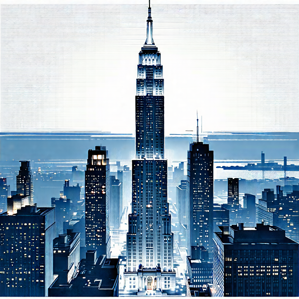 Urban Etching: Famous Building With City Lights With Blue White