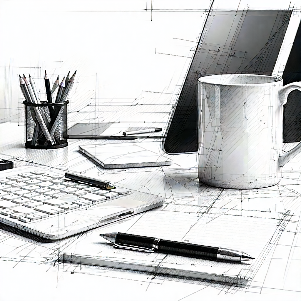Business Pencil Sketch: Workplace With Digital Devices On Desk With White Desk
