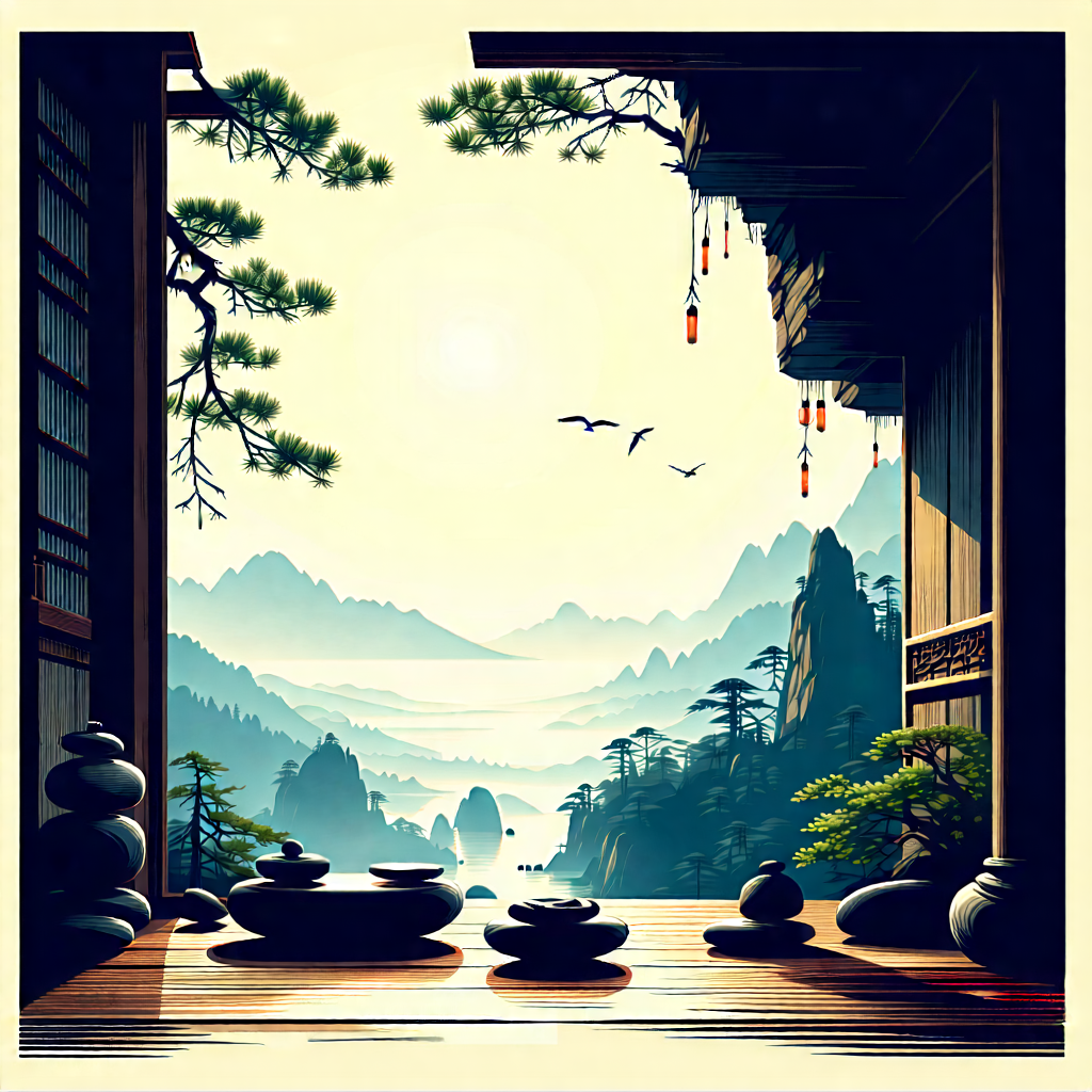 Lifestyle Woodcut Print: Wellness Scene With Natural Lighting With Beautiful Scene
