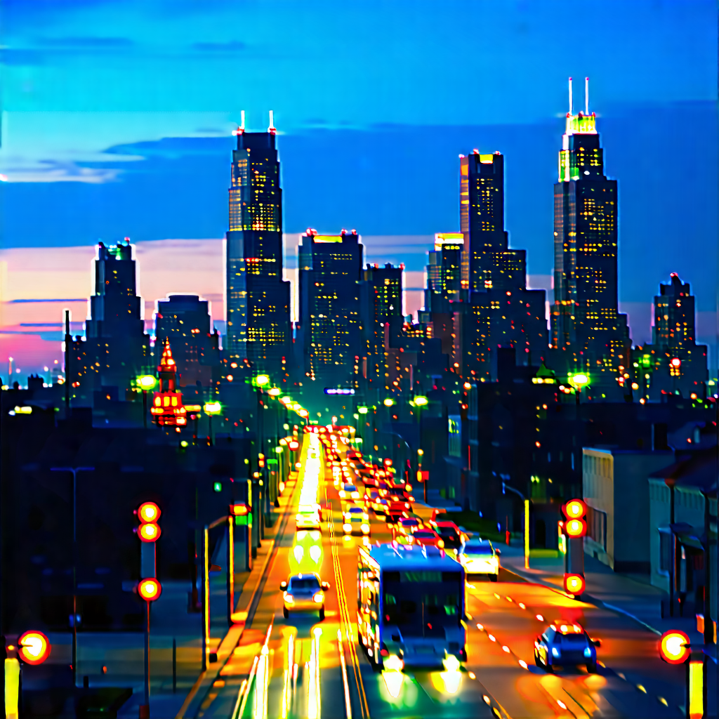 Urban Concept Art: Cityscape Of Downtown District During Night With Captures Bustling