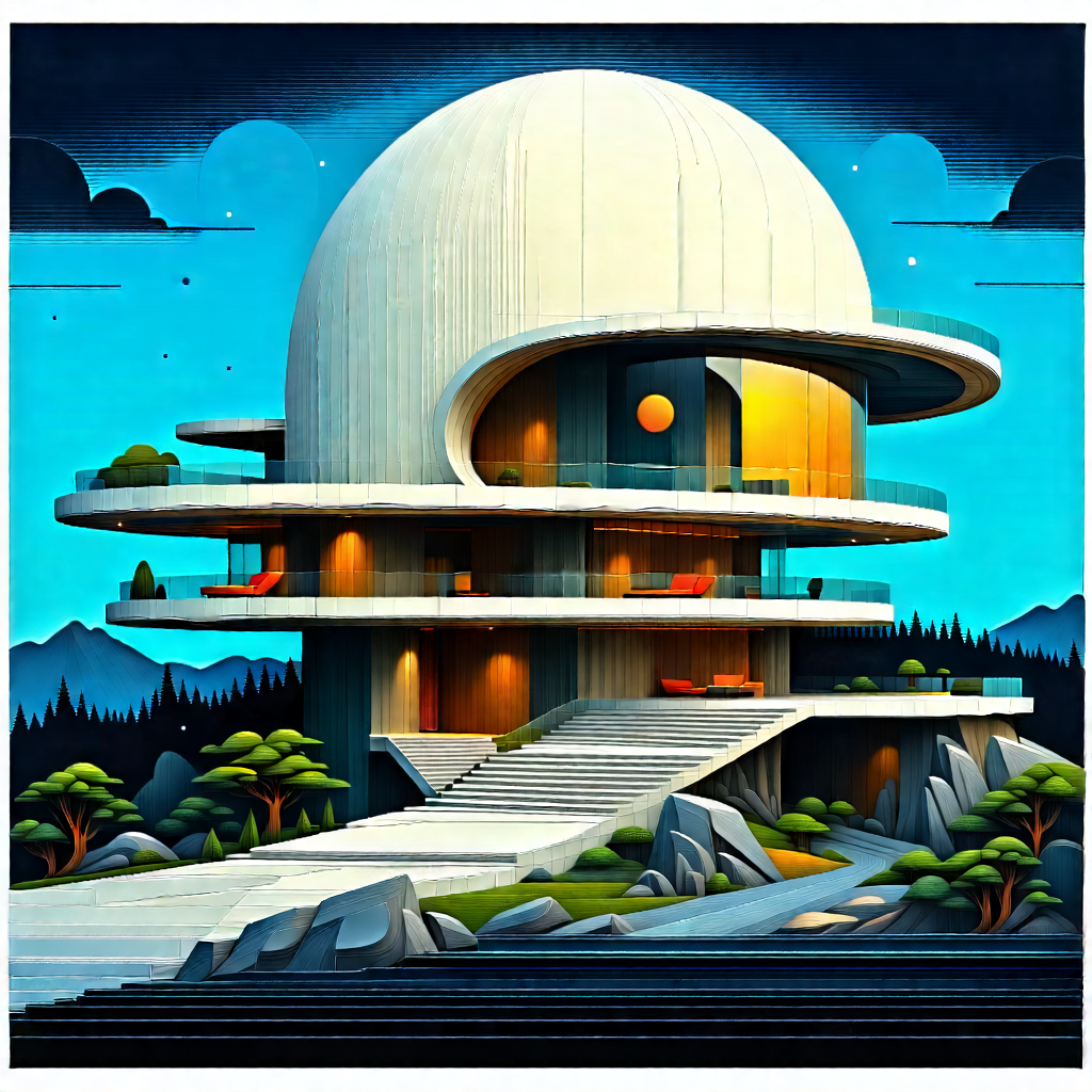 Tech Woodcut Print: Futuristic Smart Home With Painting Futuristic
