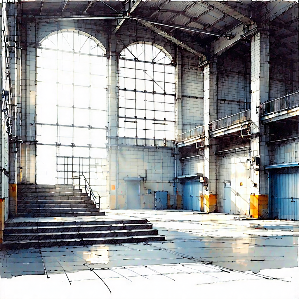 Urban Ink Drawing: Converted Warehouse With Dramatic (lighting:1.38) With Black White