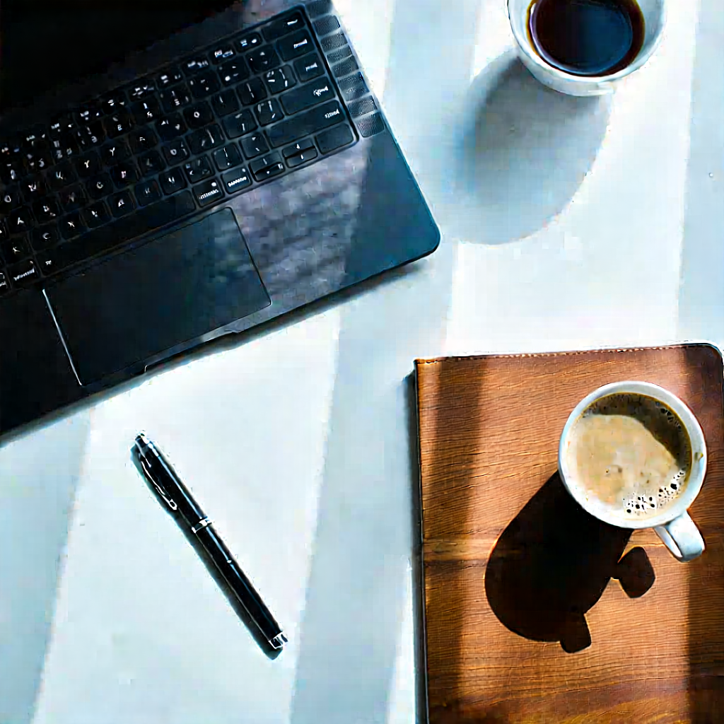 Business Aerial Photography: Workplace with laptop and coffee on desk