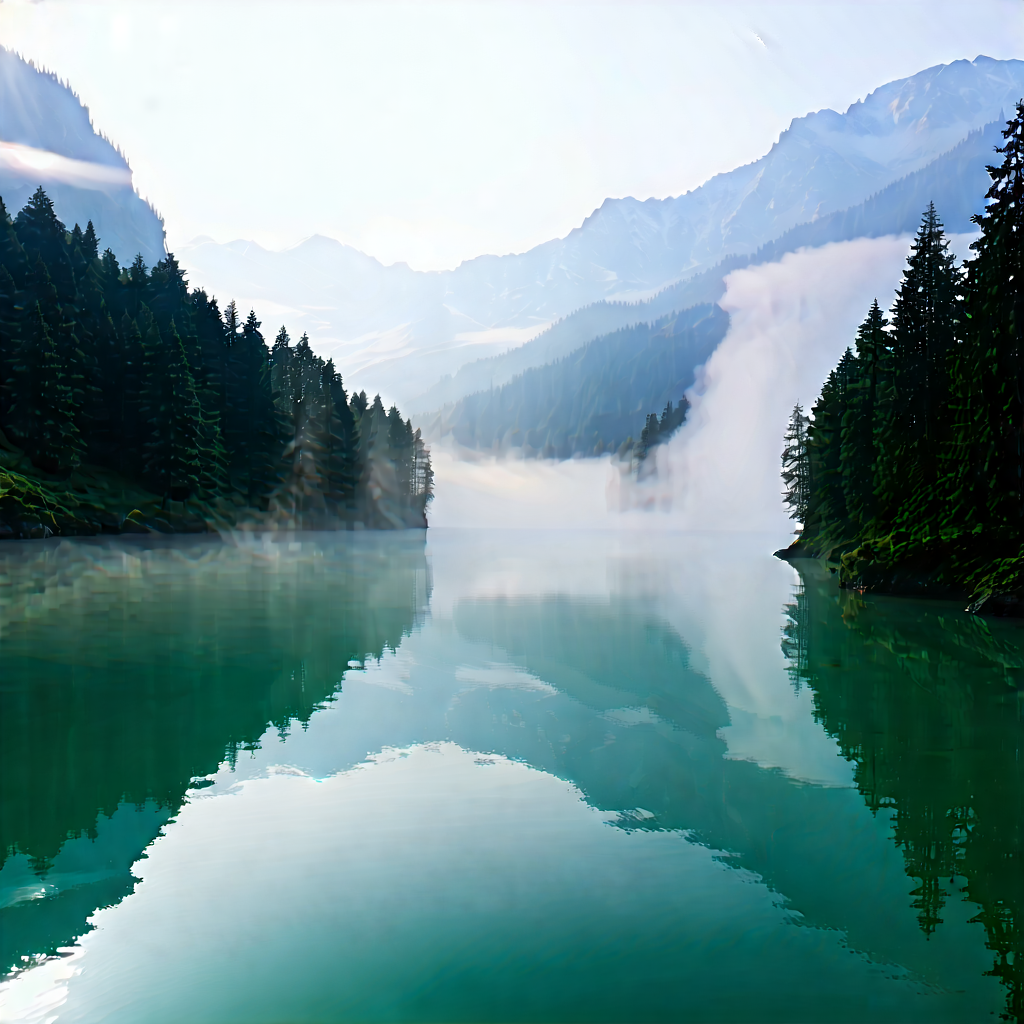 Nature Aerial Photography: (mist:1.44) over alpine (lake:1.4)