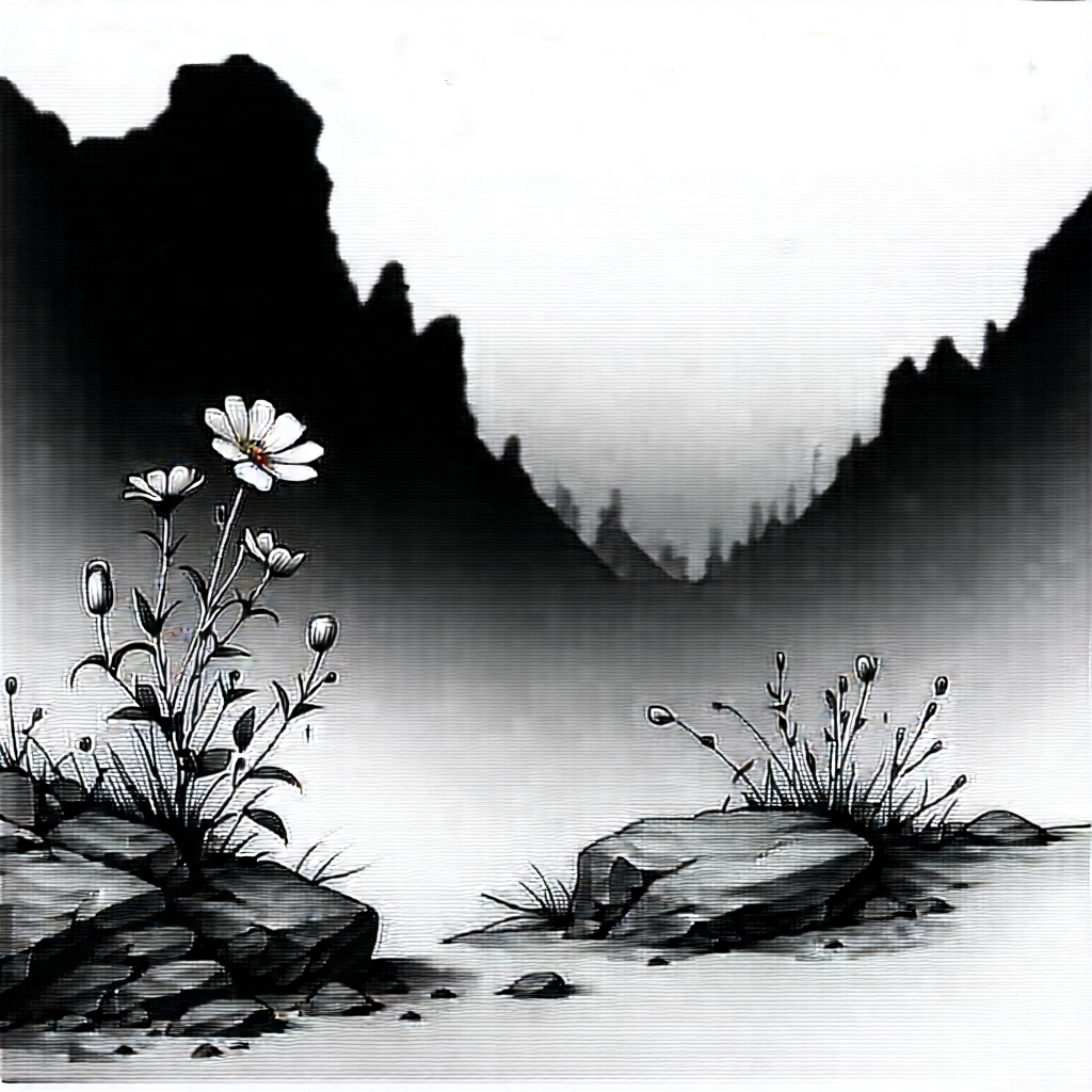 Nature Charcoal Drawing: Wildflowers In Rocky Terrain With Beautiful White