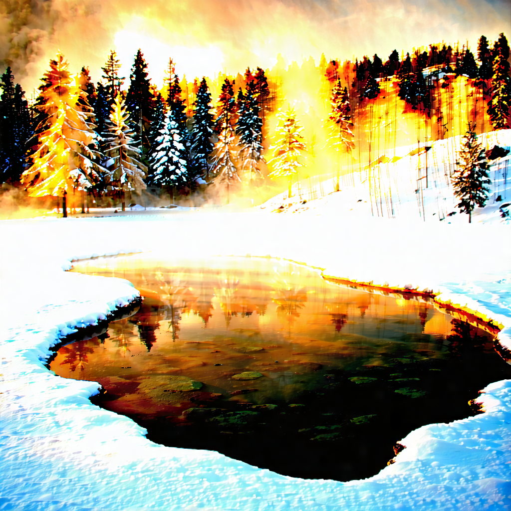 Nature Landscape Photography: Hot Spring Surrounded By (snow:1.48)-covered Trees With Beautiful Snow-covered