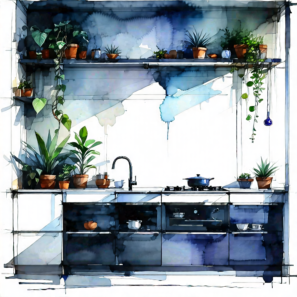 Lifestyle Ink Drawing: Modern Kitchen With Plants And Natural Elements With Painting Kitchen