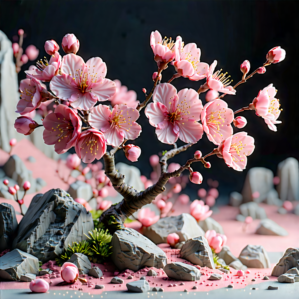 Nature 3d Render: Cherry Blossoms In Rocky Terrain With Beautifully Crafted