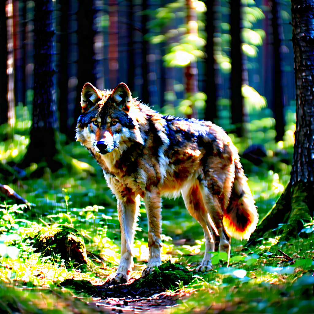 Nature Tilt-shift Photography: Wolf In Forest Environment With Wolf Standing