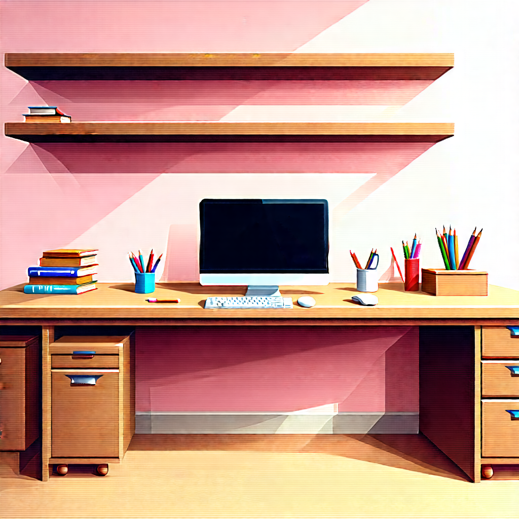 Lifestyle Digital Illustration: Home Office With Organized Space With Painting Computer