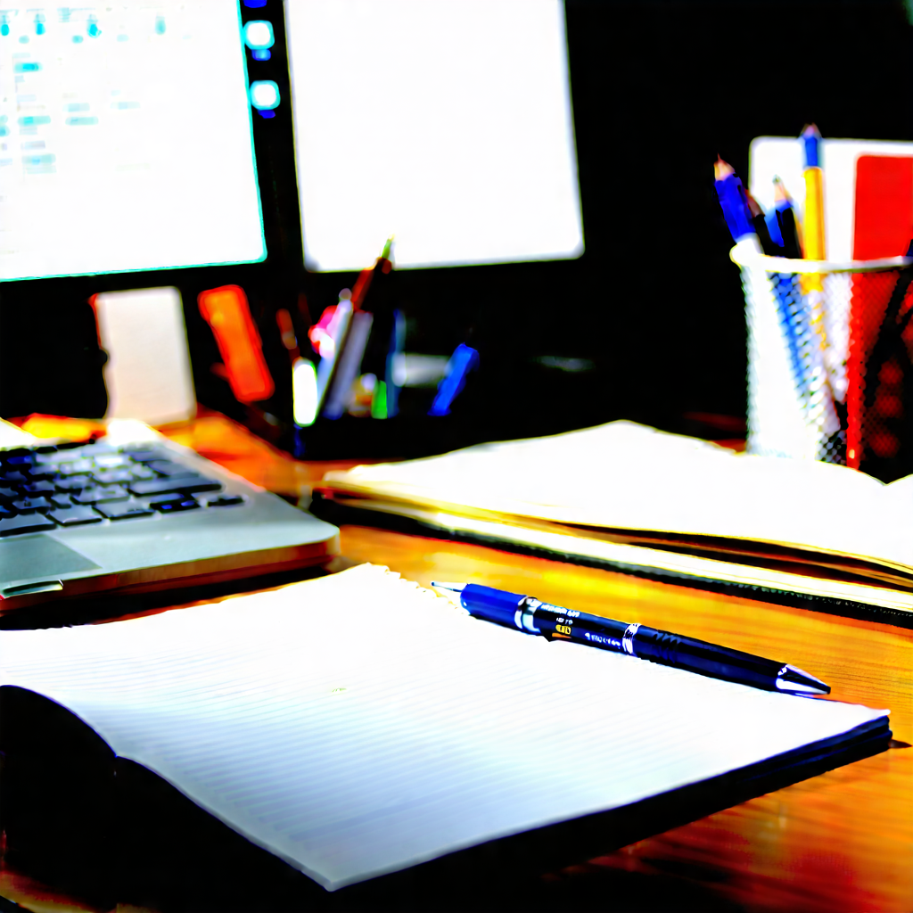 Business Long Exposure Photography: Workplace with notebooks and pens on desk