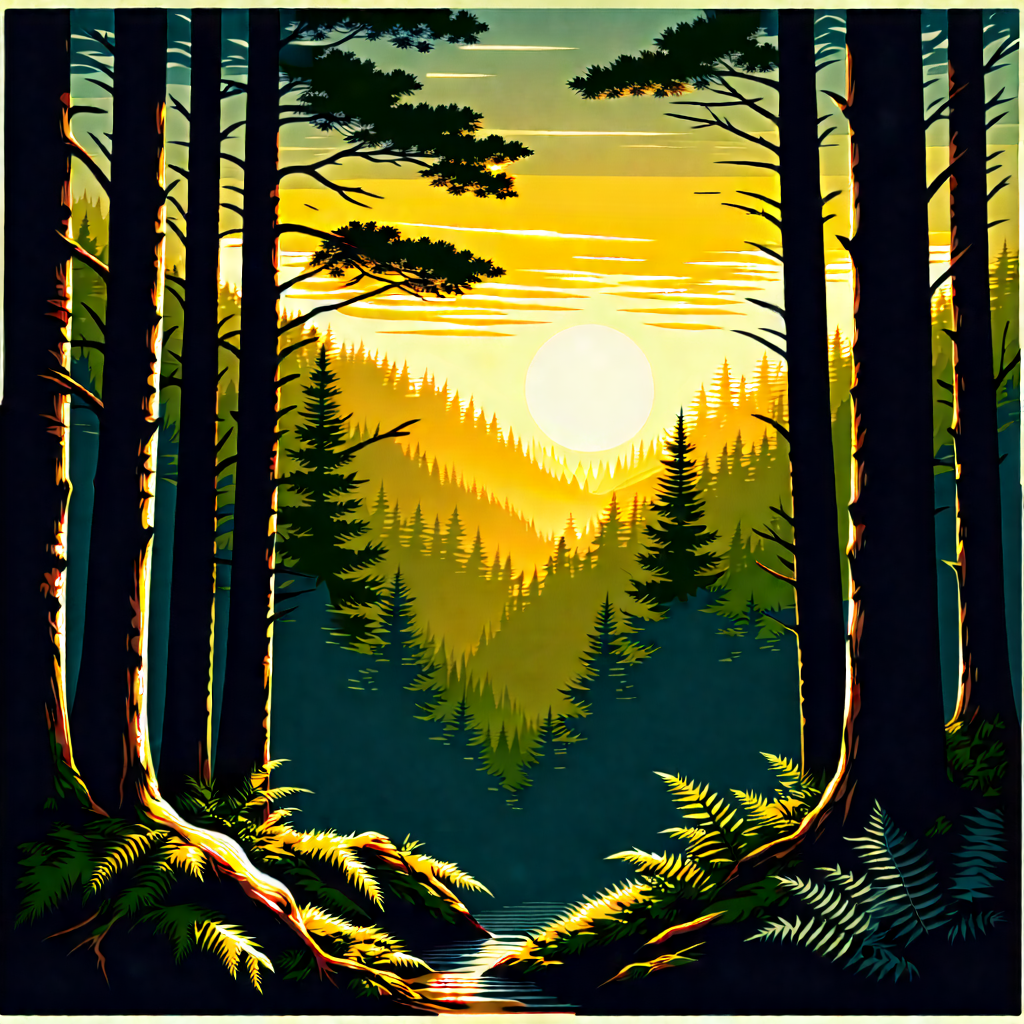 Nature Linocut Print: (forest:1.4) Scene During Golden Hour With Beautiful Sunset
