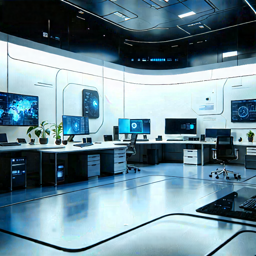 (futuristic:1.28) tech startup office