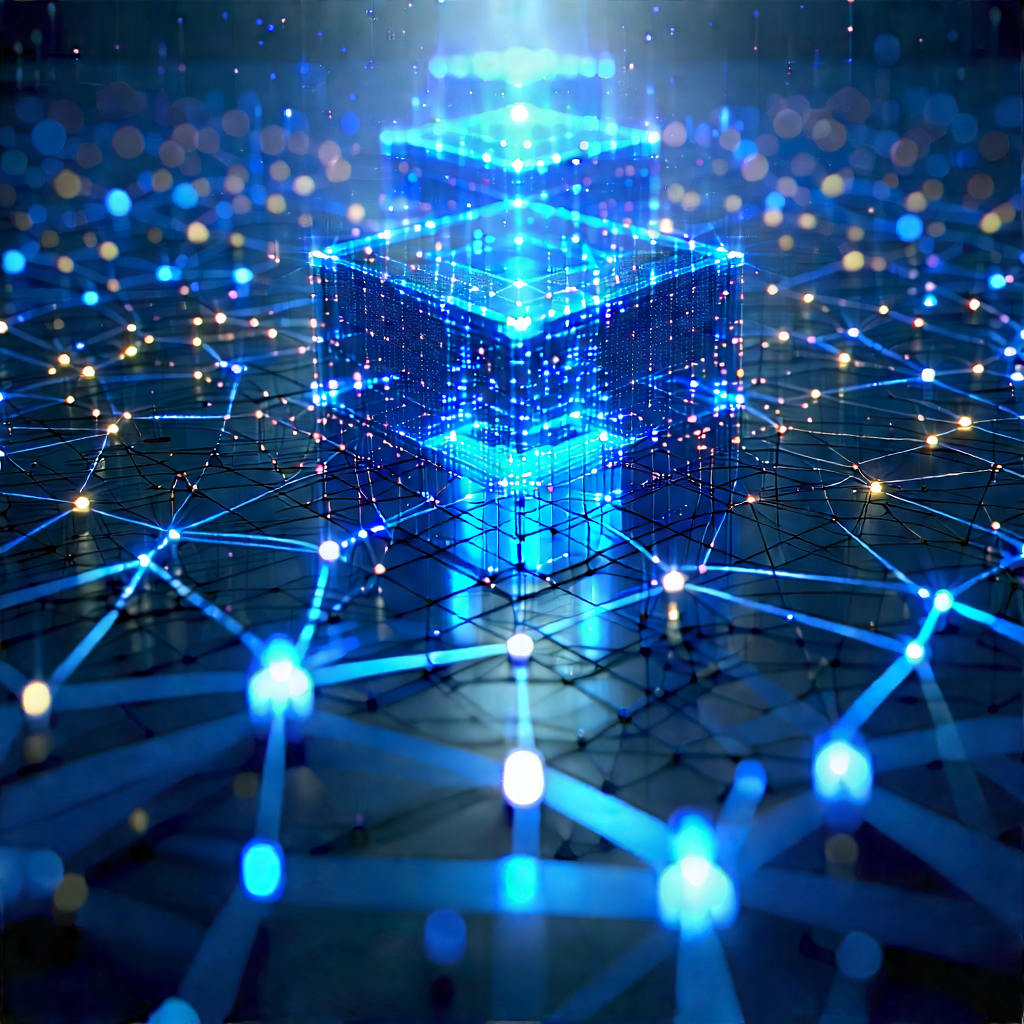 Blockchain Network Visualization With Blue, Three-dimensional