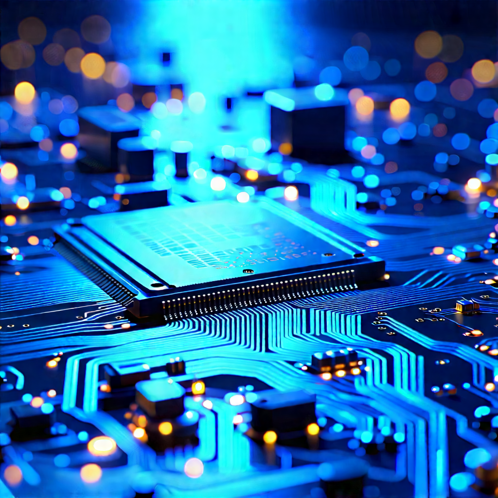 Circuit Board With Blue Light Glow With Close-up Computer