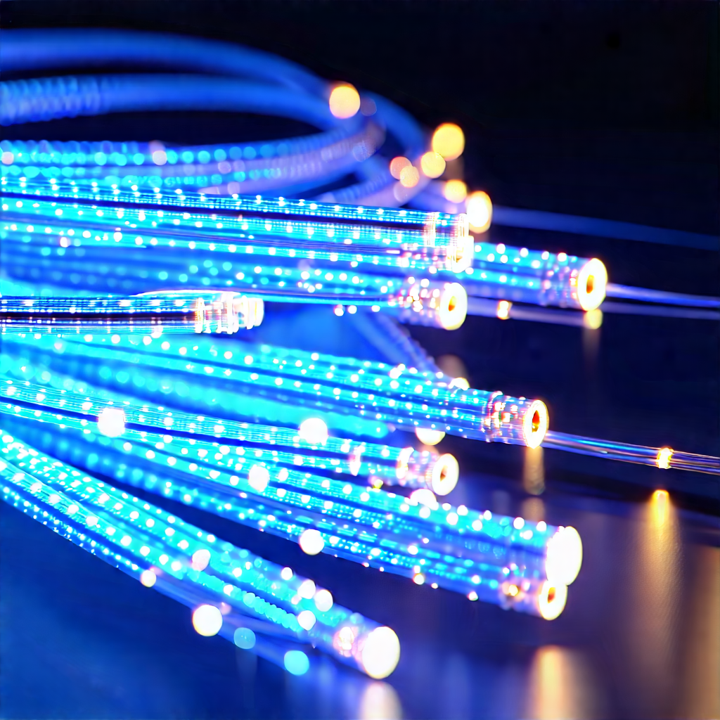Close-up Of Fiber Optic Cables With Blue Light