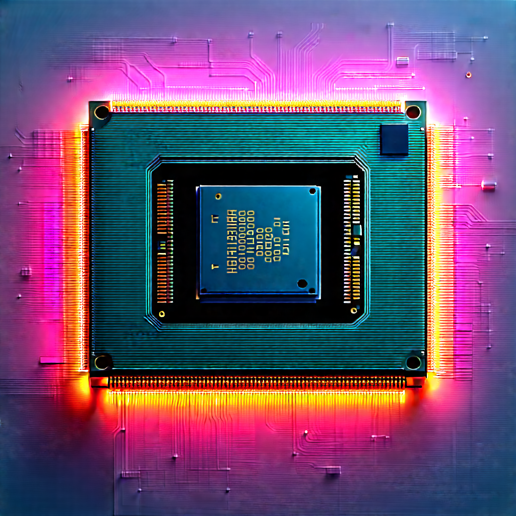 Microchip With Neon Accents With Computer Chip