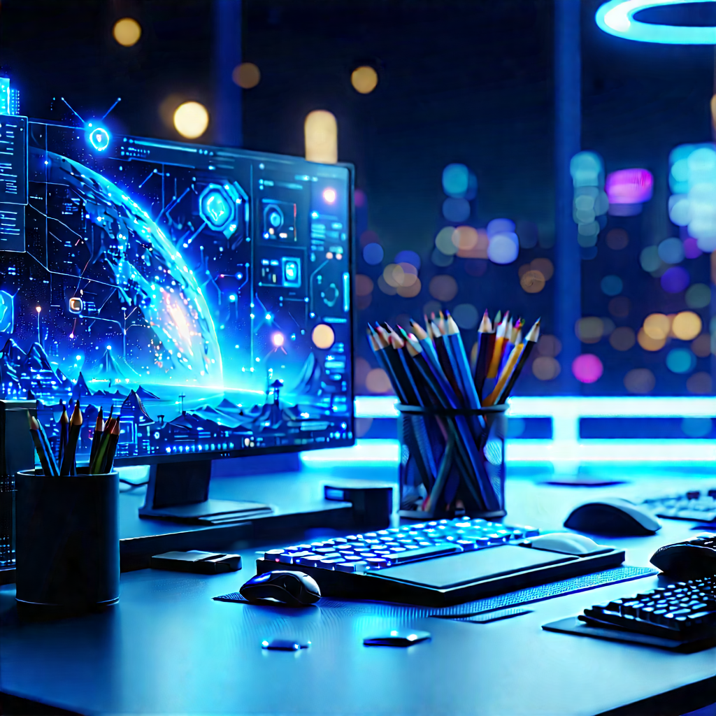 Futuristic (digital:1.33) Workspace With Computer Desk