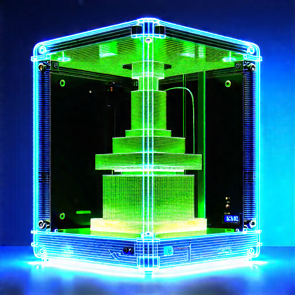 3d Printer With Blue Light Glow With Large Green