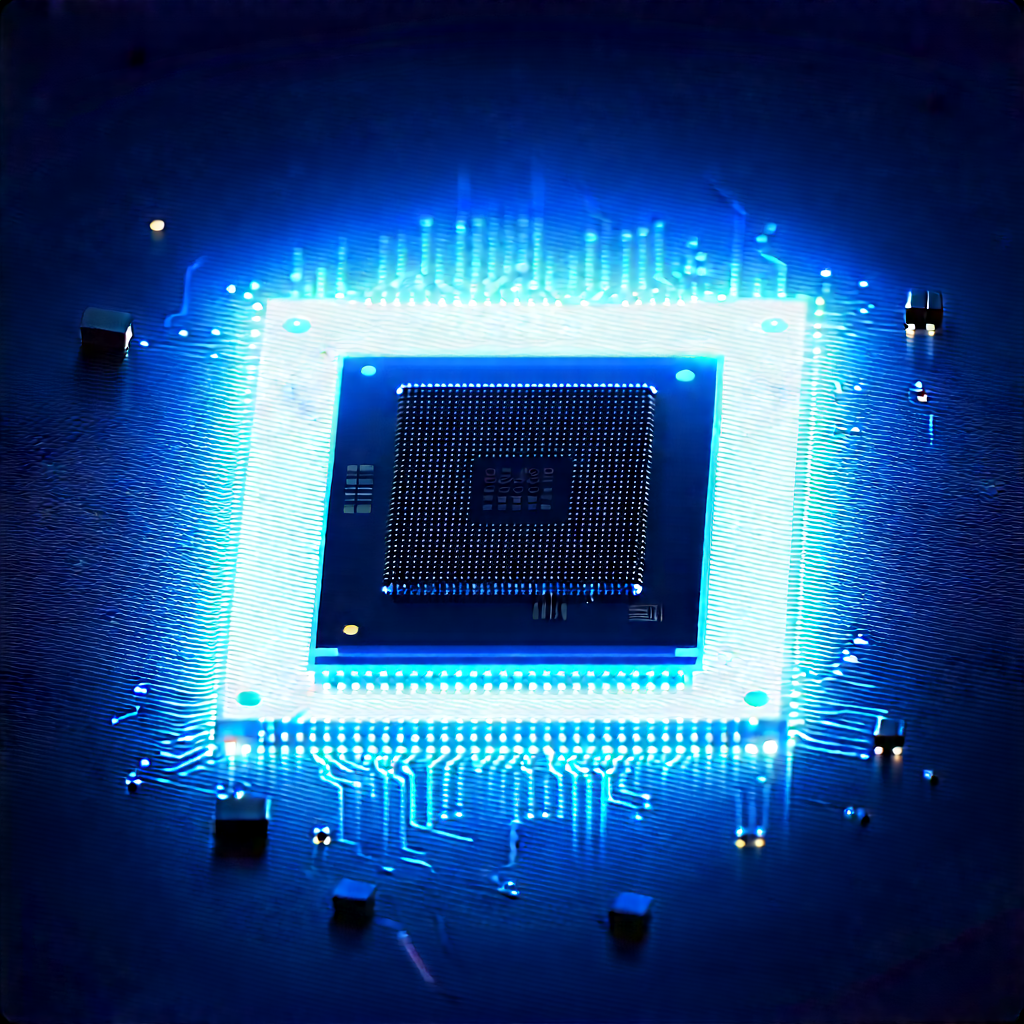 Microchip With Blue Light Glow With Close-up Computer