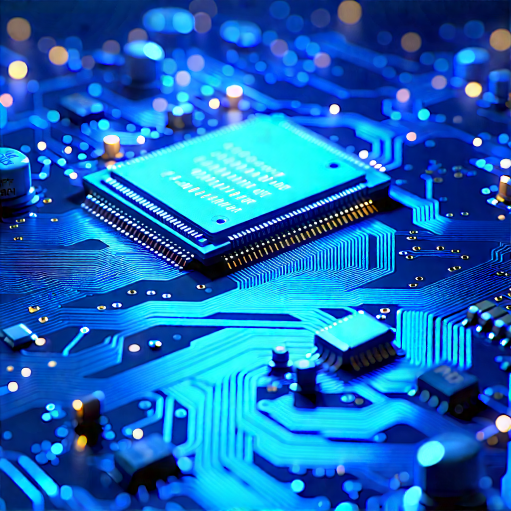 Circuit board with blue light glow