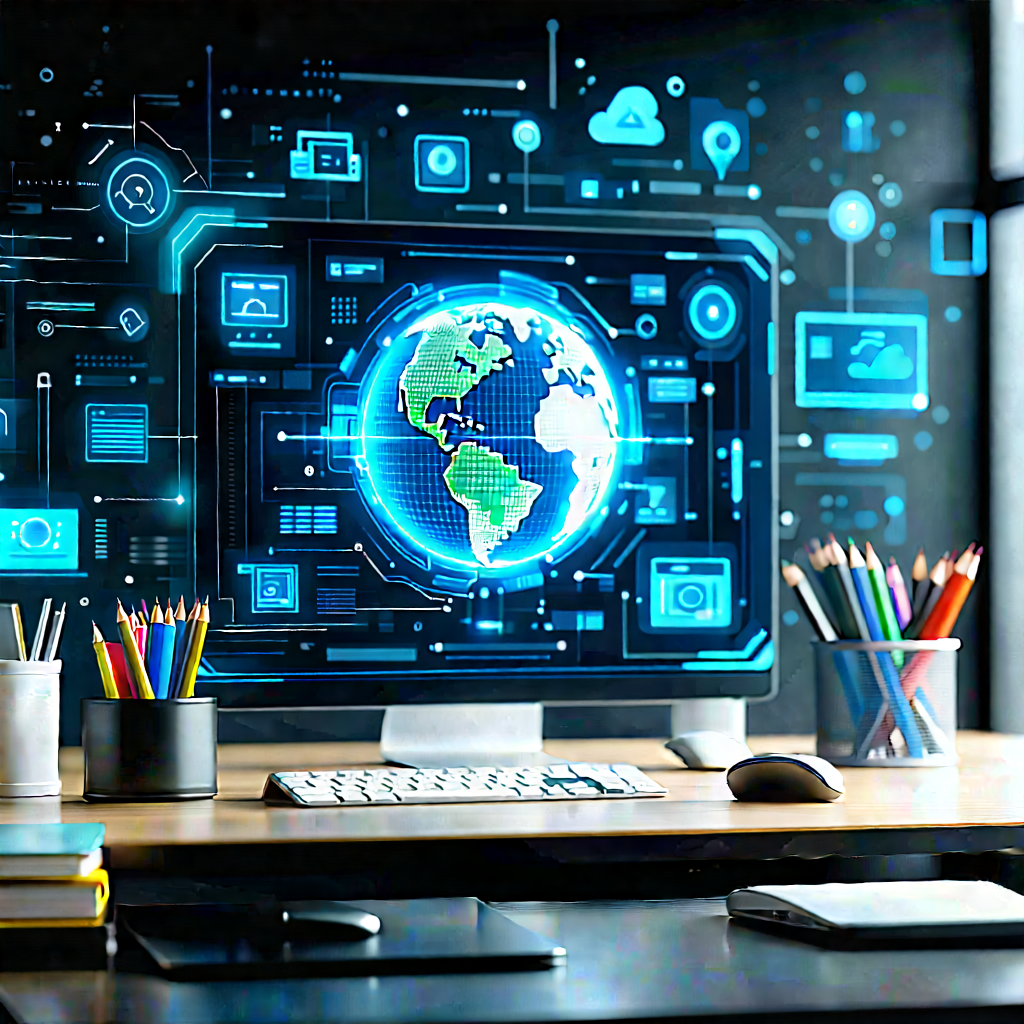 Educational Technology In Tech Office With Computer Monitor
