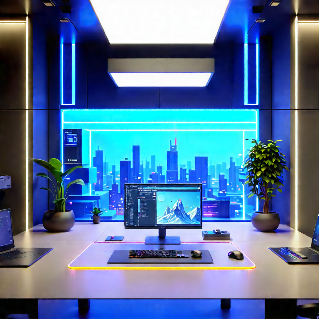 (futuristic:1.42) tech startup office